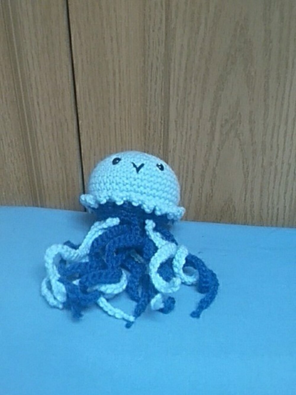 Handmade Crocheted Jellyfish in Light Blue and Navy - Picture 2 of 5